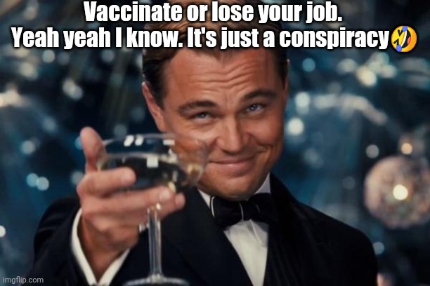 Tinfoil | Vaccinate or lose your job. 
Yeah yeah I know. It's just a conspiracy🤣 | image tagged in memes,leonardo dicaprio cheers | made w/ Imgflip meme maker