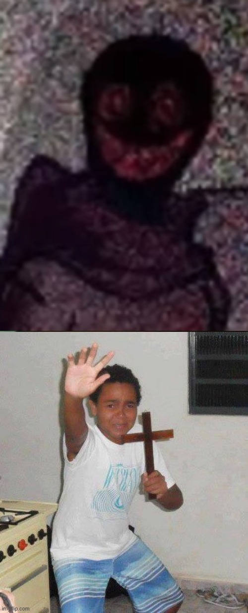 OH HELL NO WE AIN'T DOING THIS TODAY SATAN | image tagged in kid with cross | made w/ Imgflip meme maker