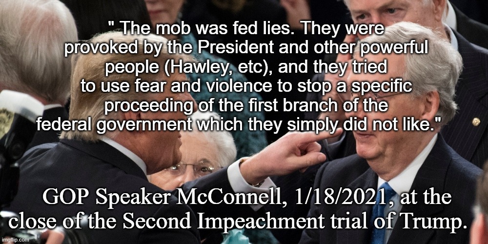 " The mob was fed lies. They were provoked by the President and other powerful people (Hawley, etc), and they tried to use fear and violence to stop a specific proceeding of the first branch of the federal government which they simply did not like."; GOP Speaker McConnell, 1/18/2021, at the close of the Second Impeachment trial of Trump. | made w/ Imgflip meme maker