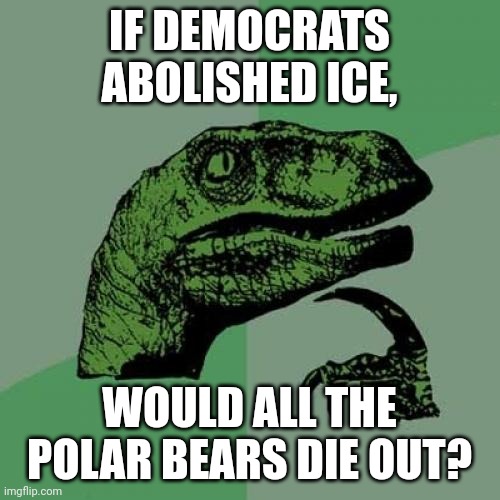 Philosoraptor Meme | IF DEMOCRATS ABOLISHED ICE, WOULD ALL THE POLAR BEARS DIE OUT? | image tagged in memes,philosoraptor | made w/ Imgflip meme maker