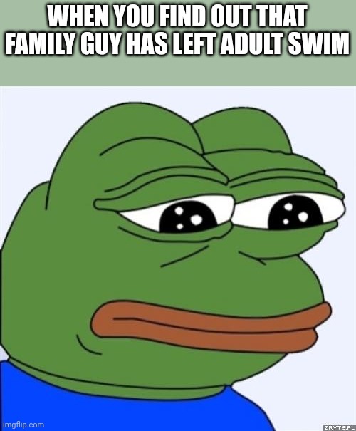 Well... guess this is it . The end of an era | WHEN YOU FIND OUT THAT FAMILY GUY HAS LEFT ADULT SWIM | image tagged in sad frog,memes,family guy,relatable,adult swim,the end of an era | made w/ Imgflip meme maker
