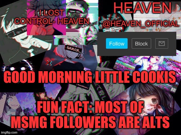 :3 | GOOD MORNING LITTLE COOKIS; FUN FACT: MOST OF MSMG FOLLOWERS ARE ALTS | image tagged in heavenly | made w/ Imgflip meme maker