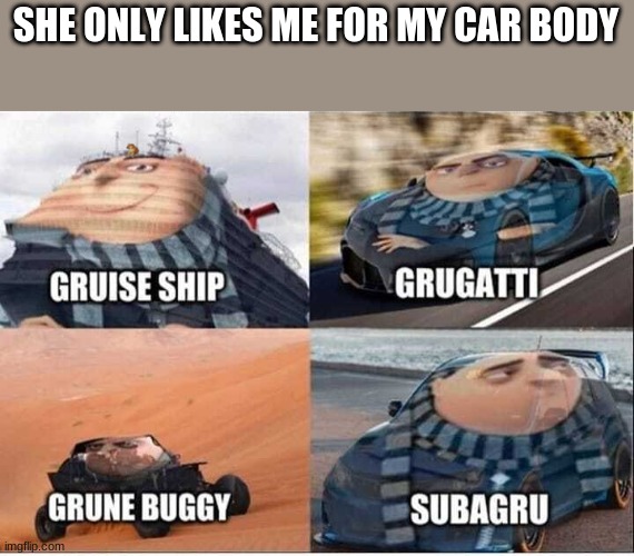 true | SHE ONLY LIKES ME FOR MY CAR BODY | image tagged in gru vehicles | made w/ Imgflip meme maker