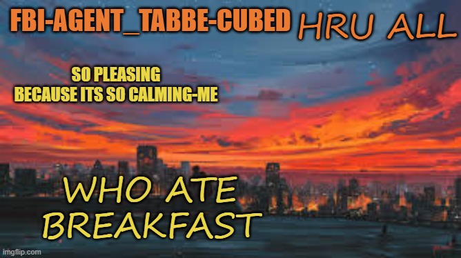 TELL ME | HRU ALL; WHO ATE BREAKFAST | image tagged in my sunset temp p | made w/ Imgflip meme maker