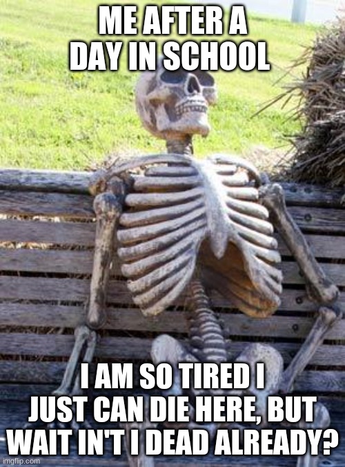 Waiting Skeleton | ME AFTER A DAY IN SCHOOL; I AM SO TIRED I JUST CAN DIE HERE, BUT WAIT IN'T I DEAD ALREADY? | image tagged in memes,waiting skeleton | made w/ Imgflip meme maker