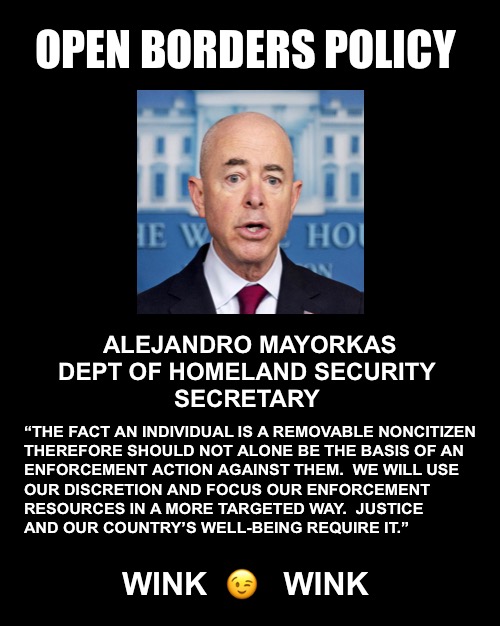 Selective Enforcement of The Law is a Hallmark of Democrats | OPEN BORDERS POLICY; “THE FACT AN INDIVIDUAL IS A REMOVABLE NONCITIZEN 

THEREFORE SHOULD NOT ALONE BE THE BASIS OF AN 

ENFORCEMENT ACTION AGAINST THEM.  WE WILL USE 
OUR DISCRETION AND FOCUS OUR ENFORCEMENT 
RESOURCES IN A MORE TARGETED WAY.  JUSTICE 
AND OUR COUNTRY’S WELL-BEING REQUIRE IT.”; ALEJANDRO MAYORKAS

DEPT OF HOMELAND SECURITY 
SECRETARY; WINK  😉   WINK | image tagged in illegal immigration | made w/ Imgflip meme maker