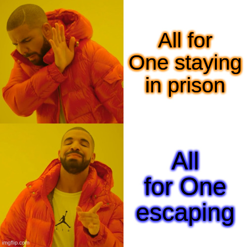 Drake Hotline Bling Meme | All for One staying in prison; All for One escaping | image tagged in memes,drake hotline bling | made w/ Imgflip meme maker