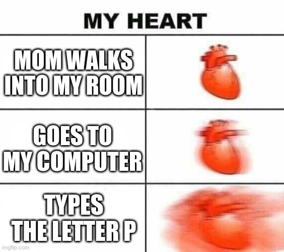 My heart blank | MOM WALKS INTO MY ROOM; GOES TO MY COMPUTER; TYPES THE LETTER P | image tagged in my heart blank | made w/ Imgflip meme maker