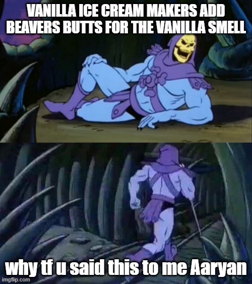 skeletor disturbed | VANILLA ICE CREAM MAKERS ADD BEAVERS BUTTS FOR THE VANILLA SMELL; why tf u said this to me Aaryan | image tagged in skeletor disturbing facts,funny,memes | made w/ Imgflip meme maker