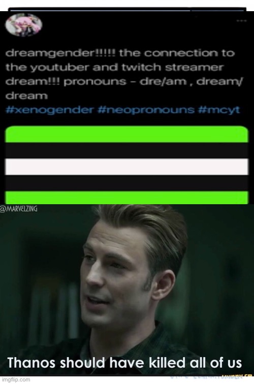 What the actual f | image tagged in lgbtq,dream smp,thanos should've killed all of us | made w/ Imgflip meme maker