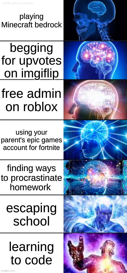 7-Tier Expanding Brain | playing Minecraft bedrock; begging for upvotes on imgiflip; free admin on roblox; using your parent's epic games account for fortnite; finding ways to procrastinate homework; escaping school; learning to code | image tagged in 7-tier expanding brain | made w/ Imgflip meme maker