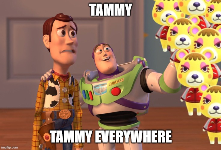 tammy...tammy everywhere! | TAMMY; TAMMY EVERYWHERE | image tagged in memes,x x everywhere,tammy,animalcrossing,animal | made w/ Imgflip meme maker