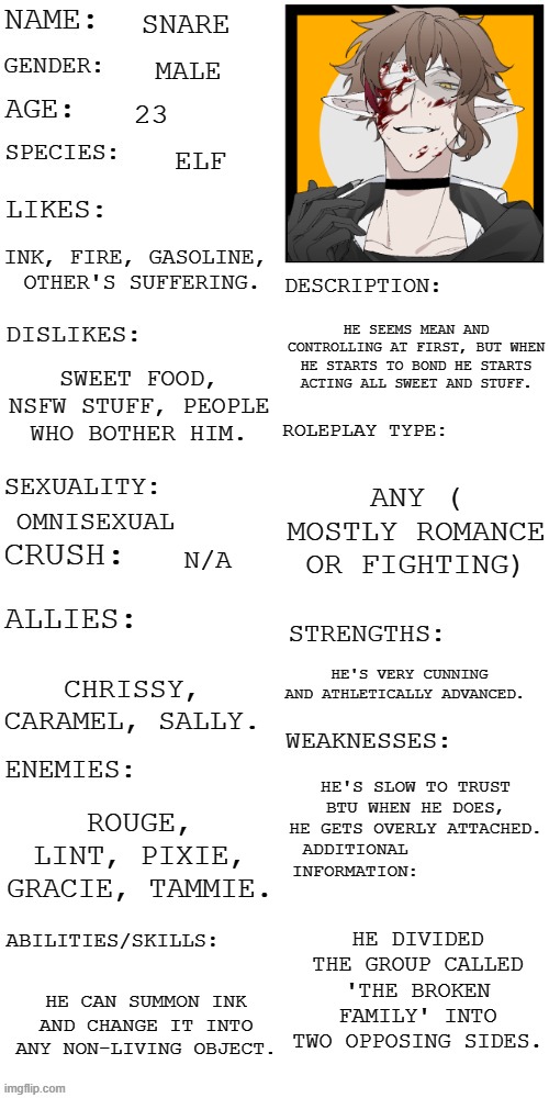 Have fun :D | SNARE; MALE; 23; ELF; INK, FIRE, GASOLINE,  OTHER'S SUFFERING. HE SEEMS MEAN AND CONTROLLING AT FIRST, BUT WHEN HE STARTS TO BOND HE STARTS ACTING ALL SWEET AND STUFF. SWEET FOOD, NSFW STUFF, PEOPLE WHO BOTHER HIM. ANY ( MOSTLY ROMANCE OR FIGHTING); OMNISEXUAL; N/A; HE'S VERY CUNNING AND ATHLETICALLY ADVANCED. CHRISSY, CARAMEL, SALLY. HE'S SLOW TO TRUST BTU WHEN HE DOES, HE GETS OVERLY ATTACHED. ROUGE, LINT, PIXIE, GRACIE, TAMMIE. HE DIVIDED THE GROUP CALLED 'THE BROKEN FAMILY' INTO TWO OPPOSING SIDES. HE CAN SUMMON INK AND CHANGE IT INTO ANY NON-LIVING OBJECT. | image tagged in updated roleplay oc showcase | made w/ Imgflip meme maker