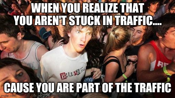 sudden realization ralph | WHEN YOU REALIZE THAT YOU AREN'T STUCK IN TRAFFIC.... CAUSE YOU ARE PART OF THE TRAFFIC | image tagged in sudden realization ralph | made w/ Imgflip meme maker