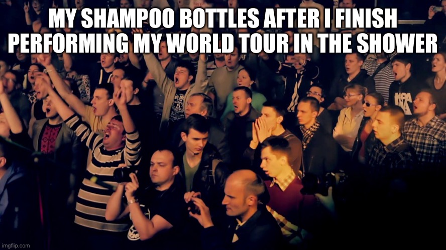 Daily relatable memes #19 | MY SHAMPOO BOTTLES AFTER I FINISH PERFORMING MY WORLD TOUR IN THE SHOWER | image tagged in clapping audience | made w/ Imgflip meme maker