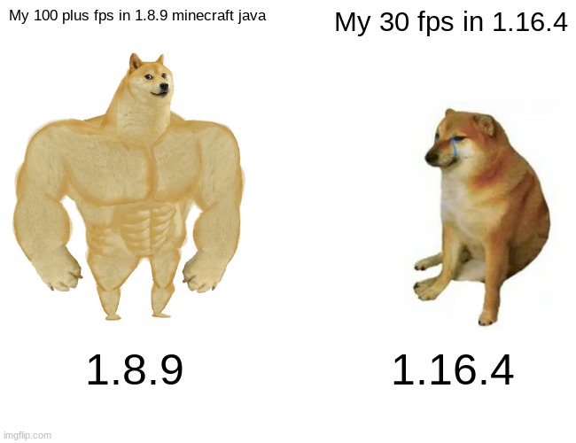 Minecraft memes | My 100 plus fps in 1.8.9 minecraft java; My 30 fps in 1.16.4; 1.8.9; 1.16.4 | image tagged in memes,buff doge vs cheems | made w/ Imgflip meme maker