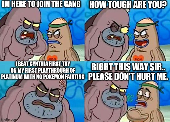 This is a true gamer |  IM HERE TO JOIN THE GANG; HOW TOUGH ARE YOU? I BEAT CYNTHIA FIRST TRY ON MY FIRST PLAYTHROUGH OF PLATINUM WITH NO POKEMON FAINTING; RIGHT THIS WAY SIR.. PLEASE DON'T HURT ME. | image tagged in welcome to the salty spitoon | made w/ Imgflip meme maker