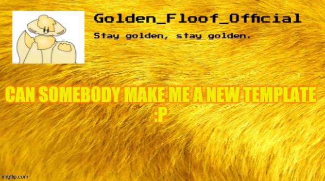 Golden floof announcement template | CAN SOMEBODY MAKE ME A NEW TEMPLATE
:P | image tagged in golden floof announcement template | made w/ Imgflip meme maker