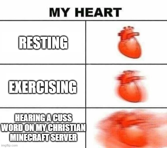 Heart meme | RESTING; EXERCISING; HEARING A CUSS WORD ON MY CHRISTIAN MINECRAFT SERVER | image tagged in my heart blank | made w/ Imgflip meme maker