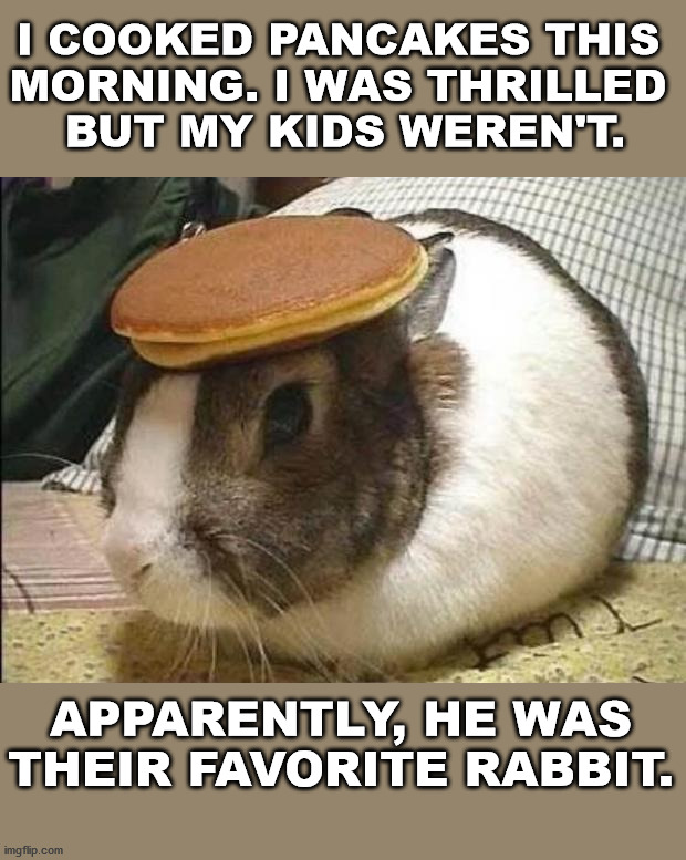 bunny pancake | I COOKED PANCAKES THIS 
MORNING. I WAS THRILLED 
BUT MY KIDS WEREN'T. APPARENTLY, HE WAS THEIR FAVORITE RABBIT. | image tagged in bunny pancake | made w/ Imgflip meme maker