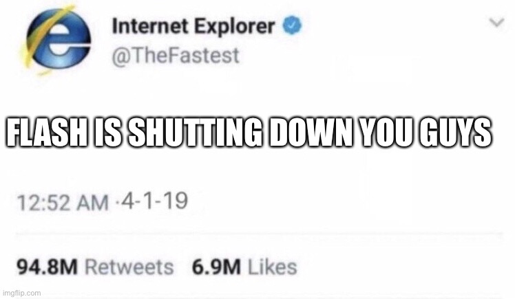 Internet Explorer meme | FLASH IS SHUTTING DOWN YOU GUYS | image tagged in internet explorer meme | made w/ Imgflip meme maker