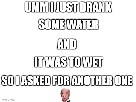 Tooo wet | UMM I JUST DRANK; SOME WATER; AND; IT WAS TO WET; SO I ASKED FOR ANOTHER ONE | image tagged in blank white template | made w/ Imgflip meme maker