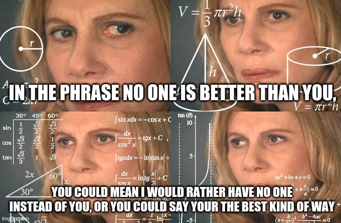 f | IN THE PHRASE NO ONE IS BETTER THAN YOU, YOU COULD MEAN I WOULD RATHER HAVE NO ONE INSTEAD OF YOU, OR YOU COULD SAY YOUR THE BEST KIND OF WAY | image tagged in calculating meme | made w/ Imgflip meme maker