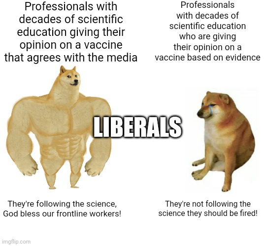 Interesting | Professionals with decades of scientific education giving their opinion on a vaccine that agrees with the media; Professionals with decades of scientific education who are giving their opinion on a vaccine based on evidence; LIBERALS; They're following the science, God bless our frontline workers! They're not following the science they should be fired! | image tagged in memes,buff doge vs cheems,liberal hypocrisy | made w/ Imgflip meme maker