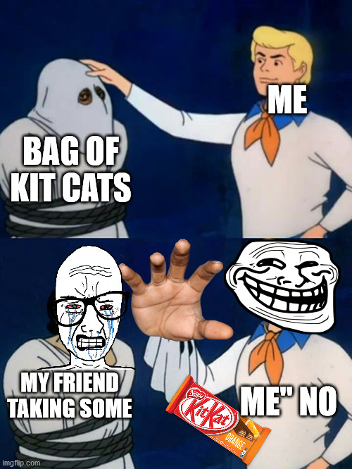 what is wrong with me | ME; BAG OF KIT CATS; ME" NO; MY FRIEND TAKING SOME | image tagged in scooby doo mask reveal,laughing | made w/ Imgflip meme maker