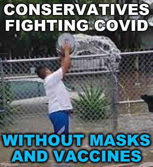 covidiots | CONSERVATIVES FIGHTING COVID; WITHOUT MASKS AND VACCINES | image tagged in bailing water throwing water over fence,covidiots,mask,antivax,conservative logic,stupid people | made w/ Imgflip meme maker