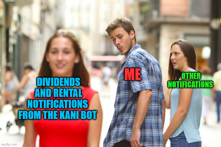 Notifications and me | OTHER NOTIFICATIONS; ME; DIVIDENDS AND RENTAL NOTIFICATIONS 
FROM THE KANI BOT | image tagged in cryptocurrency,hive,meme,fun,bot,notifications | made w/ Imgflip meme maker