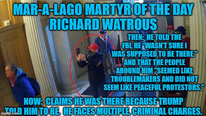 He blames Trump.  How long will it be before he's labeled a "RINO?" | MAR-A-LAGO MARTYR OF THE DAY
RICHARD WATROUS; THEN:  HE TOLD THE FBI, HE “WASN’T SURE I WAS SUPPOSED TO BE THERE," AND THAT THE PEOPLE AROUND HIM "SEEMED LIKE TROUBLEMAKERS AND DID NOT SEEM LIKE PEACEFUL PROTESTORS."; NOW:  CLAIMS HE WAS THERE BECAUSE TRUMP TOLD HIM TO BE.  HE FACES MULTIPLE, CRIMINAL CHARGES. | image tagged in politics | made w/ Imgflip meme maker