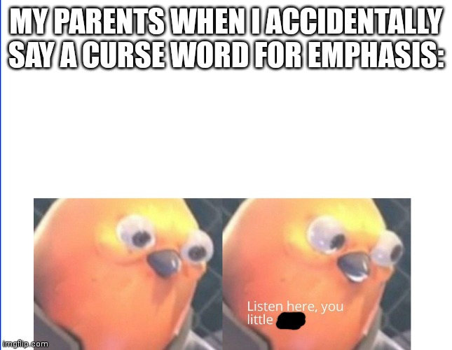 Why are curse words bad? | MY PARENTS WHEN I ACCIDENTALLY SAY A CURSE WORD FOR EMPHASIS: | image tagged in listen here you little shit,cursed image,birds,wildlife | made w/ Imgflip meme maker