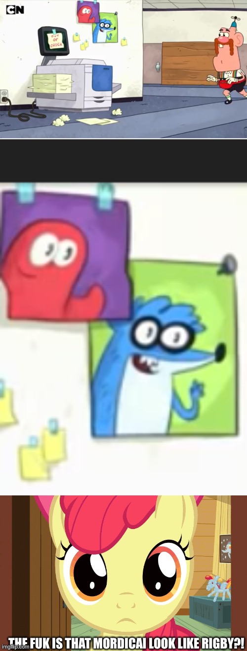 Cursed Rigby | THE FUK IS THAT MORDICAI LOOK LIKE RIGBY?! | image tagged in confused applebloom mlp | made w/ Imgflip meme maker