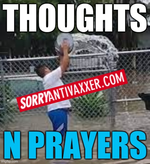 sorry antivaxxer :) | THOUGHTS; N PRAYERS | image tagged in bailing water throwing water over fence,thoughts and prayers,covidiots,sorryantivaxxer,conservative logic,stupid people | made w/ Imgflip meme maker