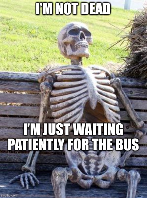 Waiting Skeleton | I’M NOT DEAD; I’M JUST WAITING PATIENTLY FOR THE BUS | image tagged in memes,waiting skeleton | made w/ Imgflip meme maker