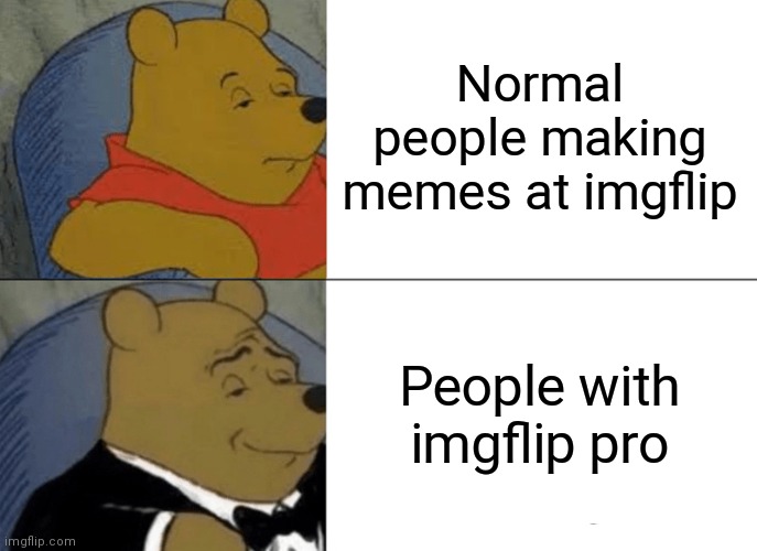 Be like tuxedo winnie. | Normal people making memes at imgflip; People with imgflip pro | image tagged in memes,tuxedo winnie the pooh | made w/ Imgflip meme maker