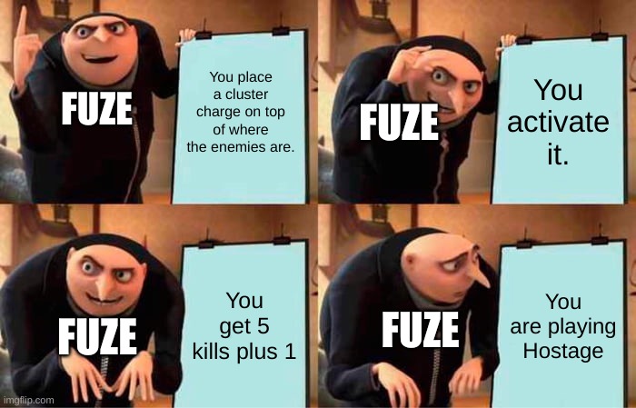 Rainbow Six Siege meme | You place a cluster charge on top of where the enemies are. You activate it. FUZE; FUZE; You get 5 kills plus 1; You are playing Hostage; FUZE; FUZE | image tagged in memes,gru's plan | made w/ Imgflip meme maker