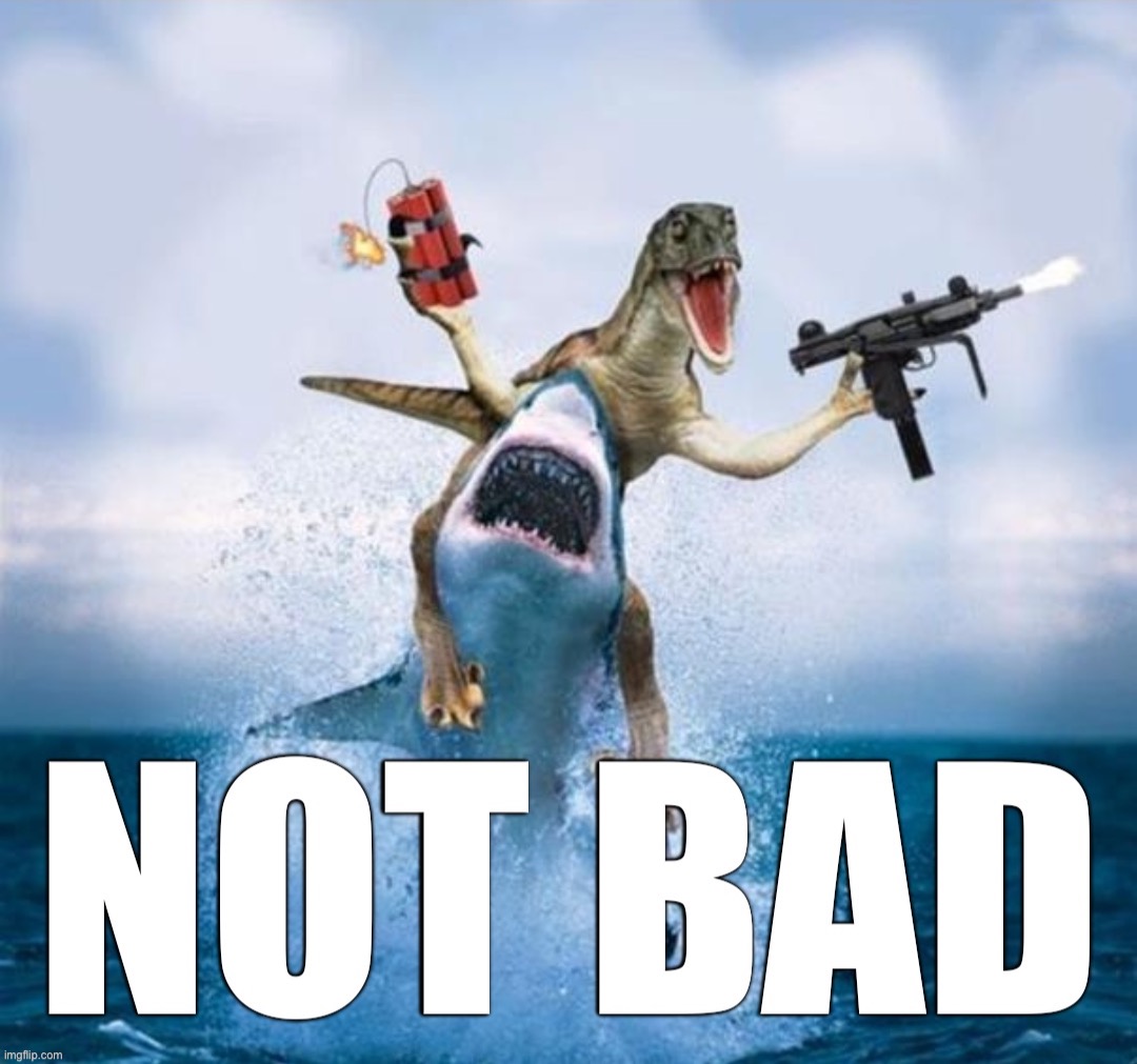 Shark Dino not bad | image tagged in shark dino not bad,custom template,shark,dino,not bad,not bad kid | made w/ Imgflip meme maker