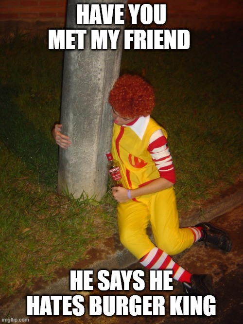 McVodka | HAVE YOU MET MY FRIEND HE SAYS HE HATES BURGER KING | image tagged in mcvodka | made w/ Imgflip meme maker