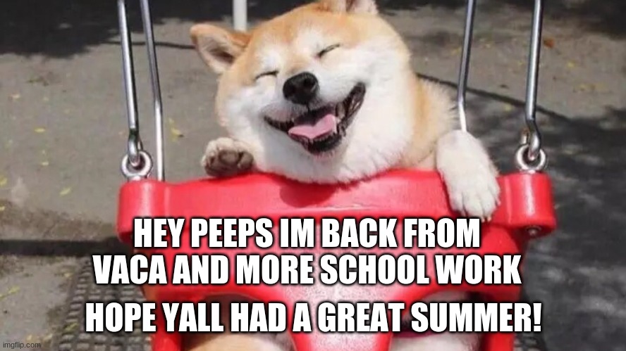 im backkkkkkk, how yall doing? | HEY PEEPS I'M BACK FROM VACA AND MORE SCHOOL WORK; HOPE YALL HAD A GREAT SUMMER! | image tagged in puppy,swing | made w/ Imgflip meme maker