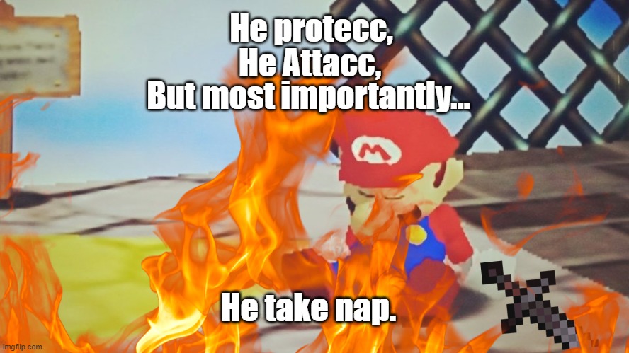 Mario 64 Down | He protecc, He Attacc, But most importantly... He take nap. | image tagged in sleeping,sleep,funny,memes,he protec he attac but most importantly,super mario 64 | made w/ Imgflip meme maker