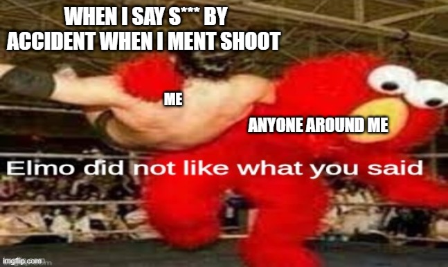 elmo did not like what you said | WHEN I SAY S*** BY ACCIDENT WHEN I MENT SHOOT; ME; ANYONE AROUND ME | image tagged in elmo did not like what you said | made w/ Imgflip meme maker