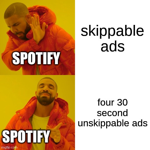 spotify be like: | skippable ads; SPOTIFY; four 30 second unskippable ads; SPOTIFY | image tagged in memes,drake hotline bling,funny | made w/ Imgflip meme maker