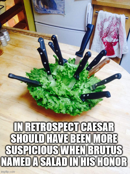 Caesar Salad | IN RETROSPECT CAESAR SHOULD HAVE BEEN MORE SUSPICIOUS WHEN BRUTUS NAMED A SALAD IN HIS HONOR | image tagged in caesar salad,brutus,roman republic,ancient rome,julius caesar | made w/ Imgflip meme maker