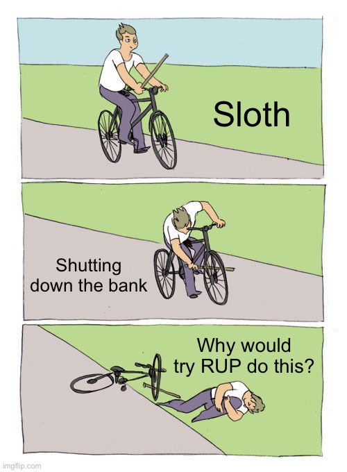 I’m gonna be afk for a few hours, so catch you later! | Sloth; Shutting down the bank; Why would try RUP do this? | image tagged in memes,bike fall | made w/ Imgflip meme maker