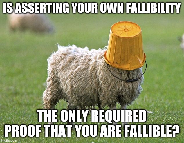Hello :) | IS ASSERTING YOUR OWN FALLIBILITY; THE ONLY REQUIRED PROOF THAT YOU ARE FALLIBLE? | image tagged in stupid sheep | made w/ Imgflip meme maker
