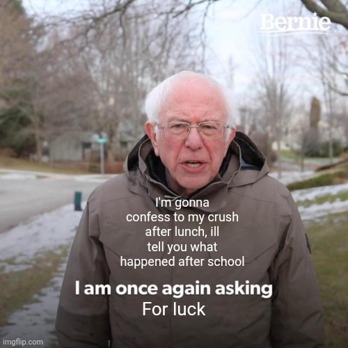 I'm very nervous, plz wish me luck | I'm gonna confess to my crush after lunch, ill tell you what happened after school; For luck | image tagged in memes,bernie i am once again asking for your support | made w/ Imgflip meme maker