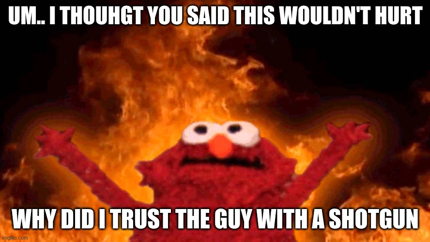 elmo fire | UM.. I THOUGHT YOU SAID THIS WOULDN'T HURT; WHY DID I TRUST THE GUY WITH A SHOTGUN | image tagged in elmo fire | made w/ Imgflip meme maker