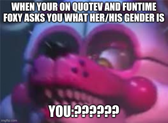 so true | WHEN YOUR ON QUOTEV AND FUNTIME FOXY ASKS YOU WHAT HER/HIS GENDER IS; YOU:?????? | image tagged in fnaf | made w/ Imgflip meme maker